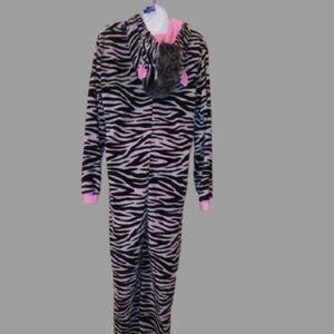 Zebra Print Black White Footed Hooded Pajama Large